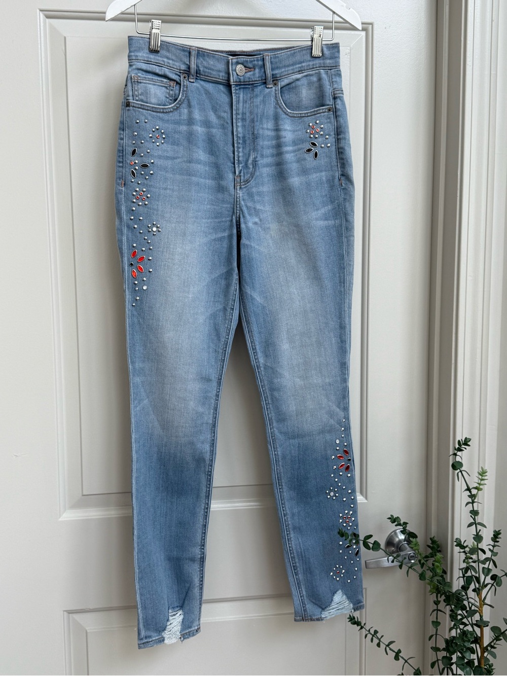 Express Light Blue Skinny Jeans with Red & Silver Embellishments